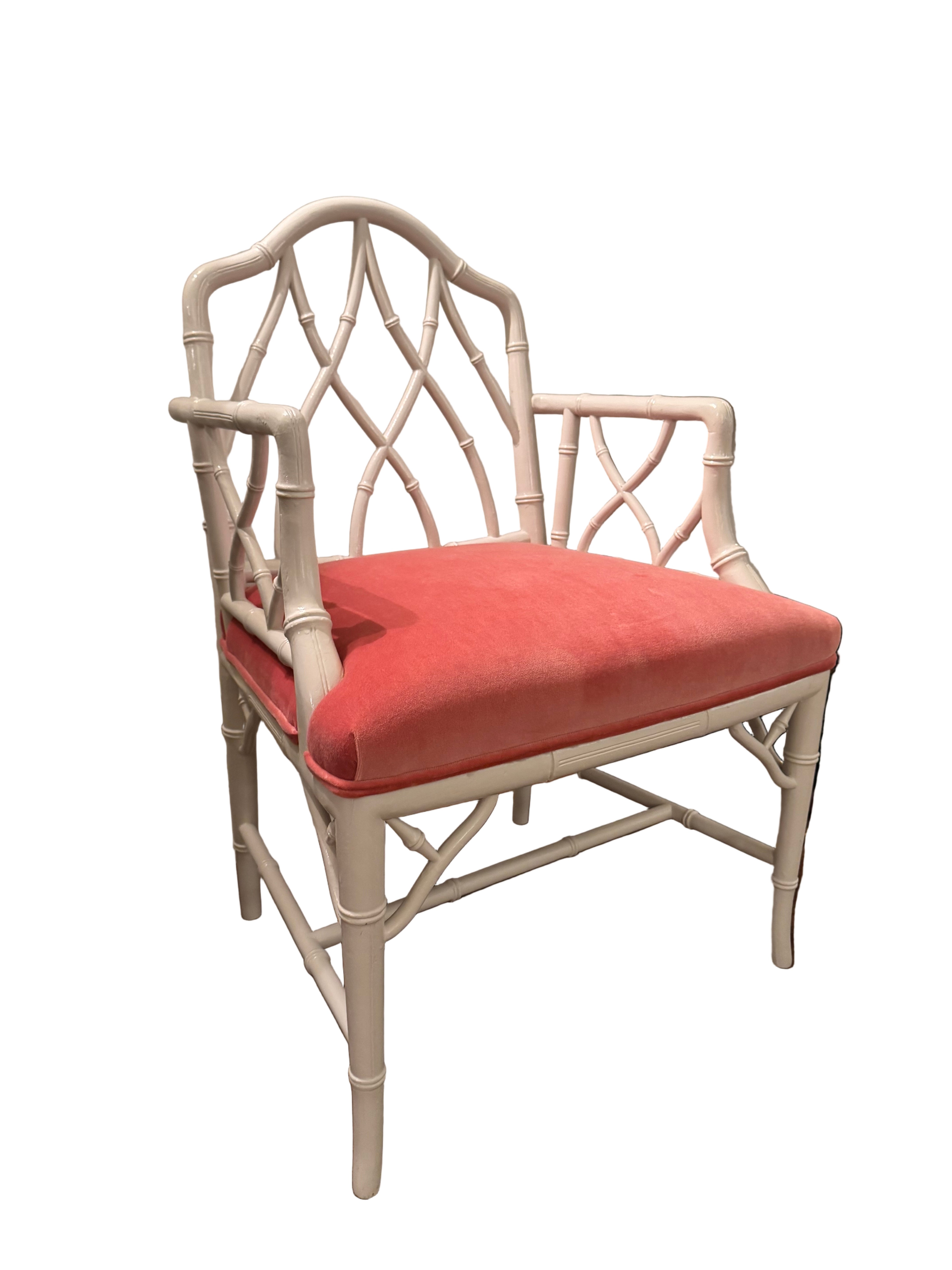 Vintage Century Faux Bamboo Chair Upholstered in Coral Fabric - Ready to Ship!