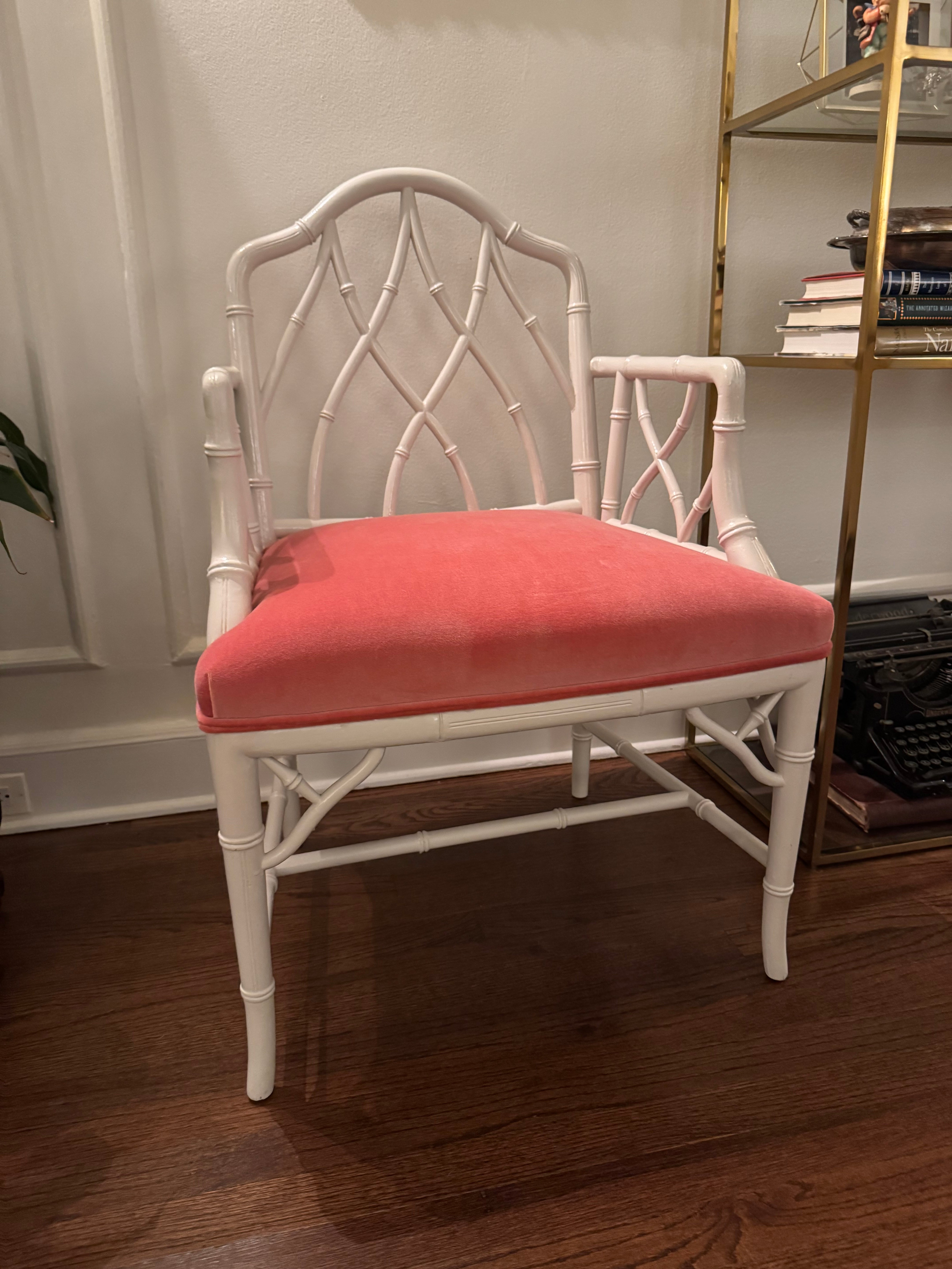Vintage Century Faux Bamboo Chair Upholstered in Coral Fabric - Ready to Ship!