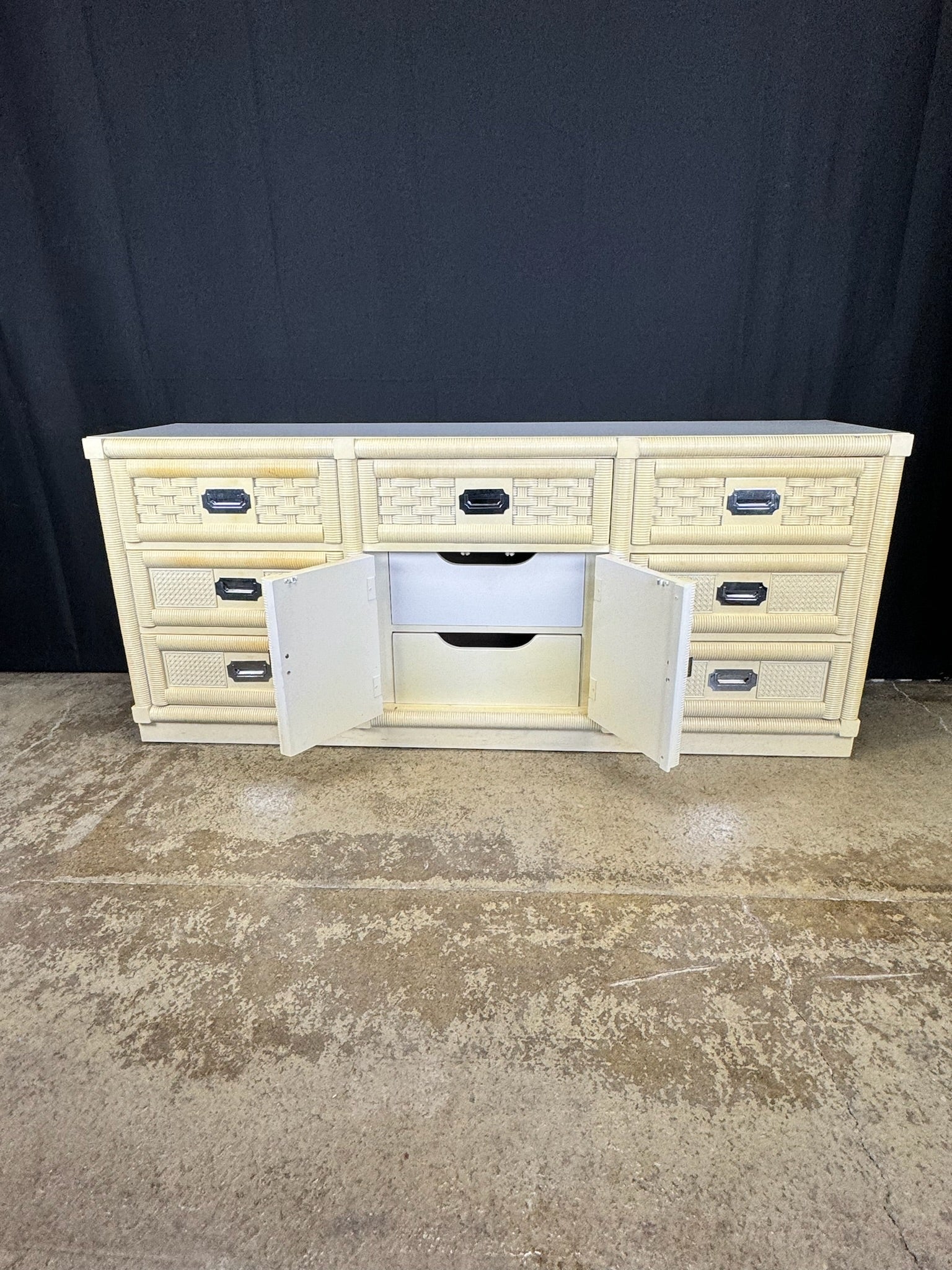 Vintage Dixie Wicker Weave Campaigne Syle Credenza - Available for Custom Lacquer