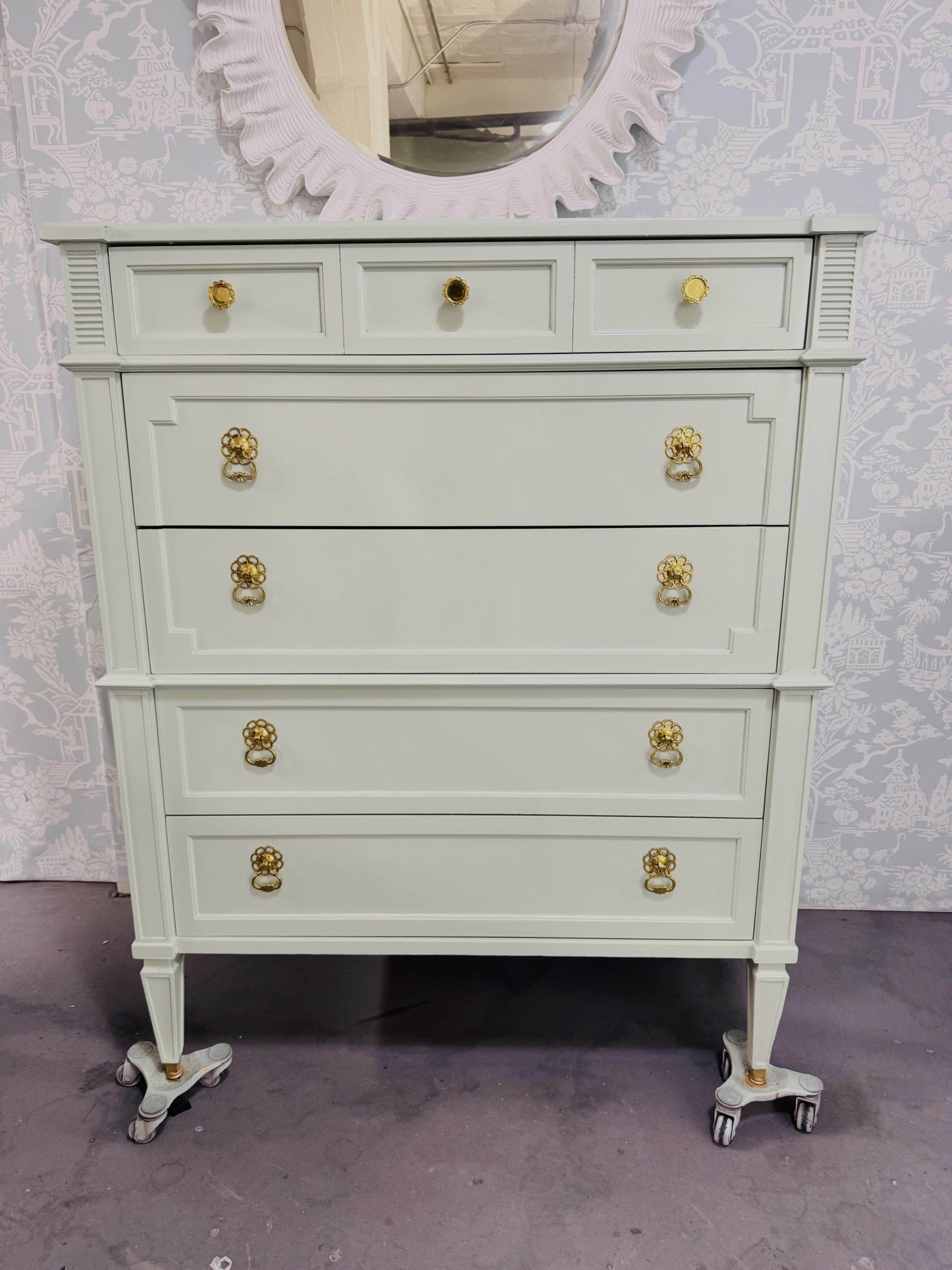 Drexel Highboy Dresser Lacquered in Mint Green