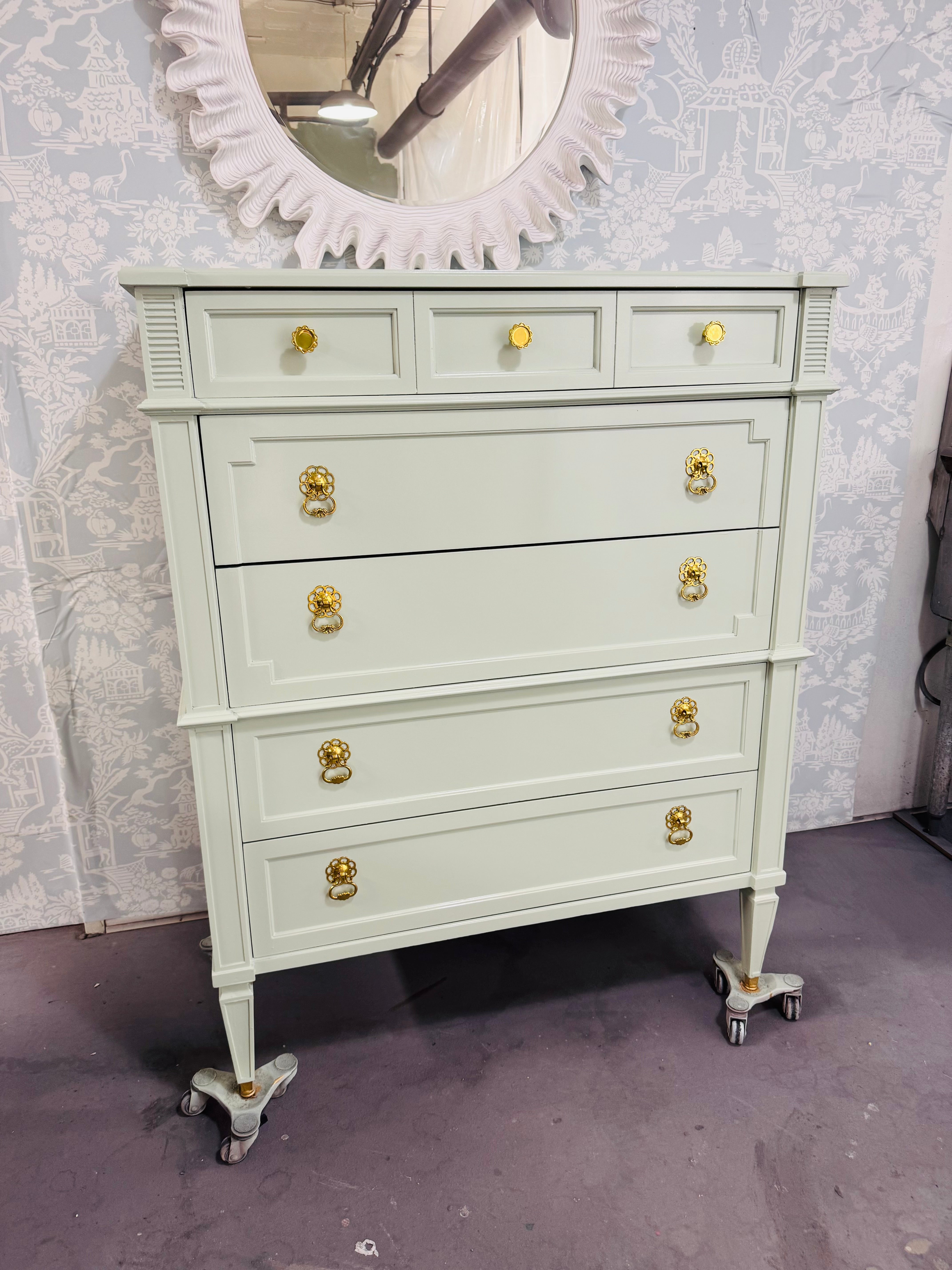 Drexel Highboy Dresser Lacquered in Mint Green