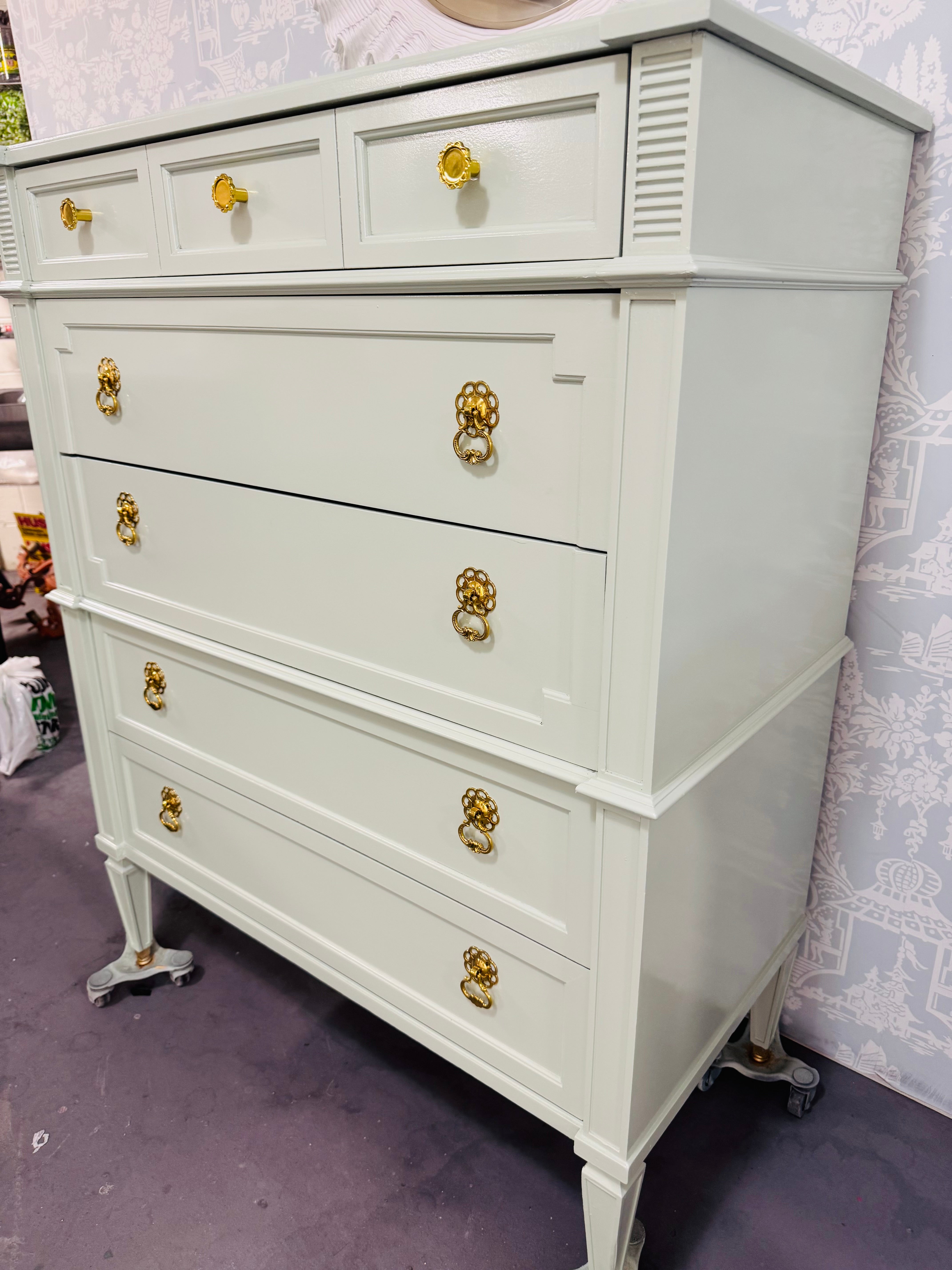 Drexel Highboy Dresser Lacquered in Mint Green