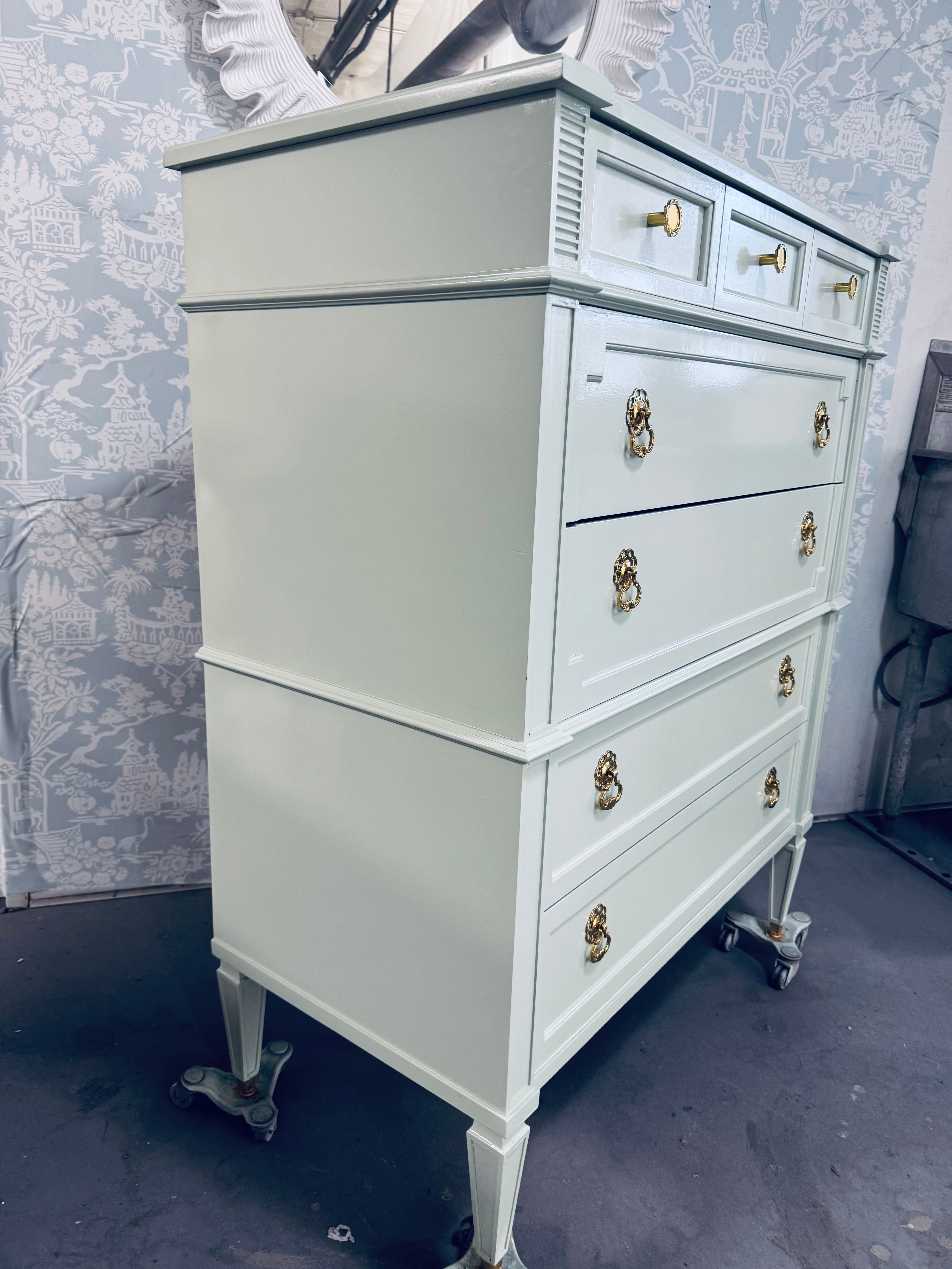 Drexel Highboy Dresser Lacquered in Mint Green
