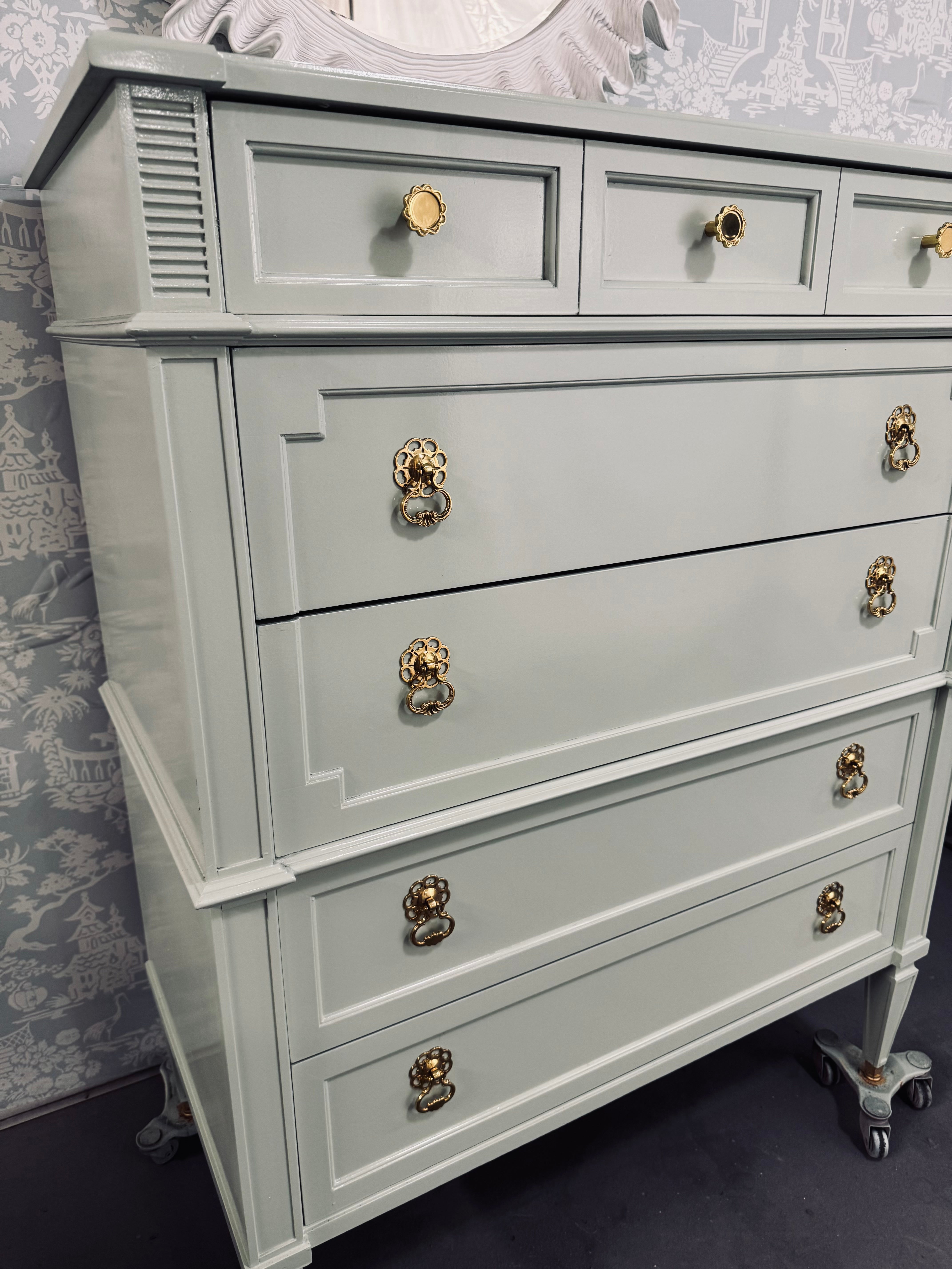 Drexel Highboy Dresser Lacquered in Mint Green