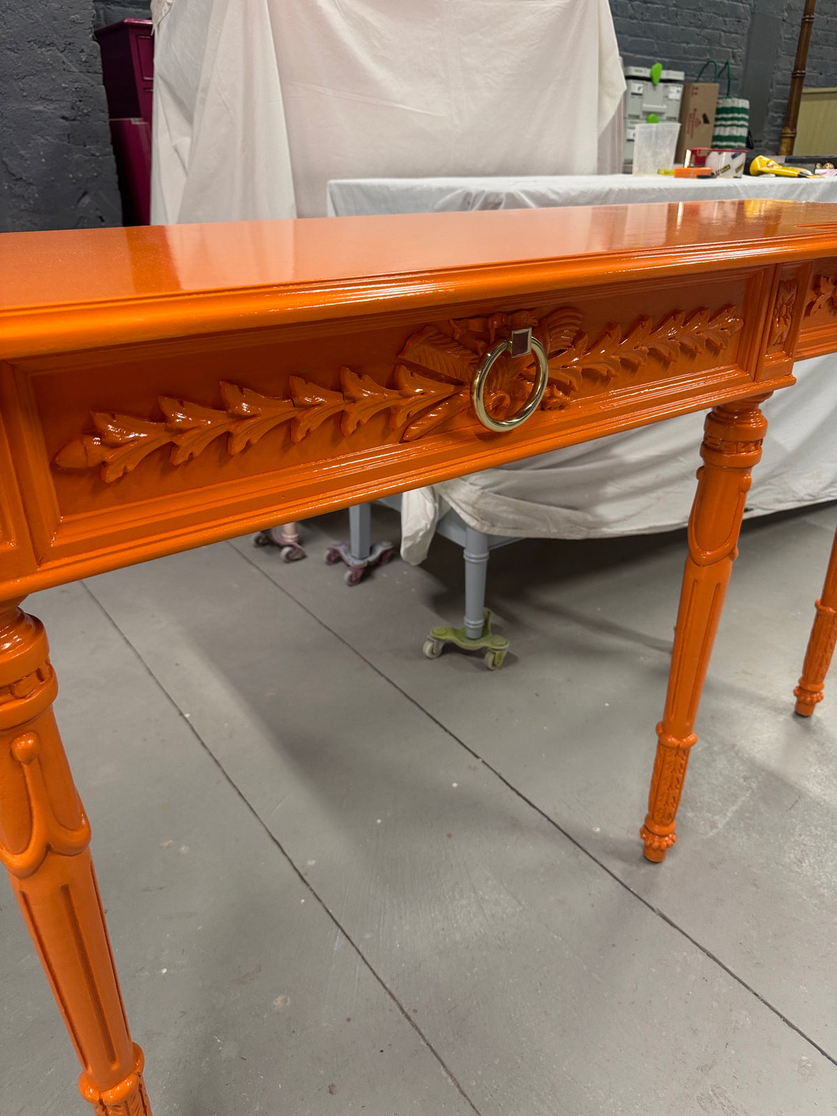 Vintage Console Table Lacquered in Hermes Orange - Ready to Ship