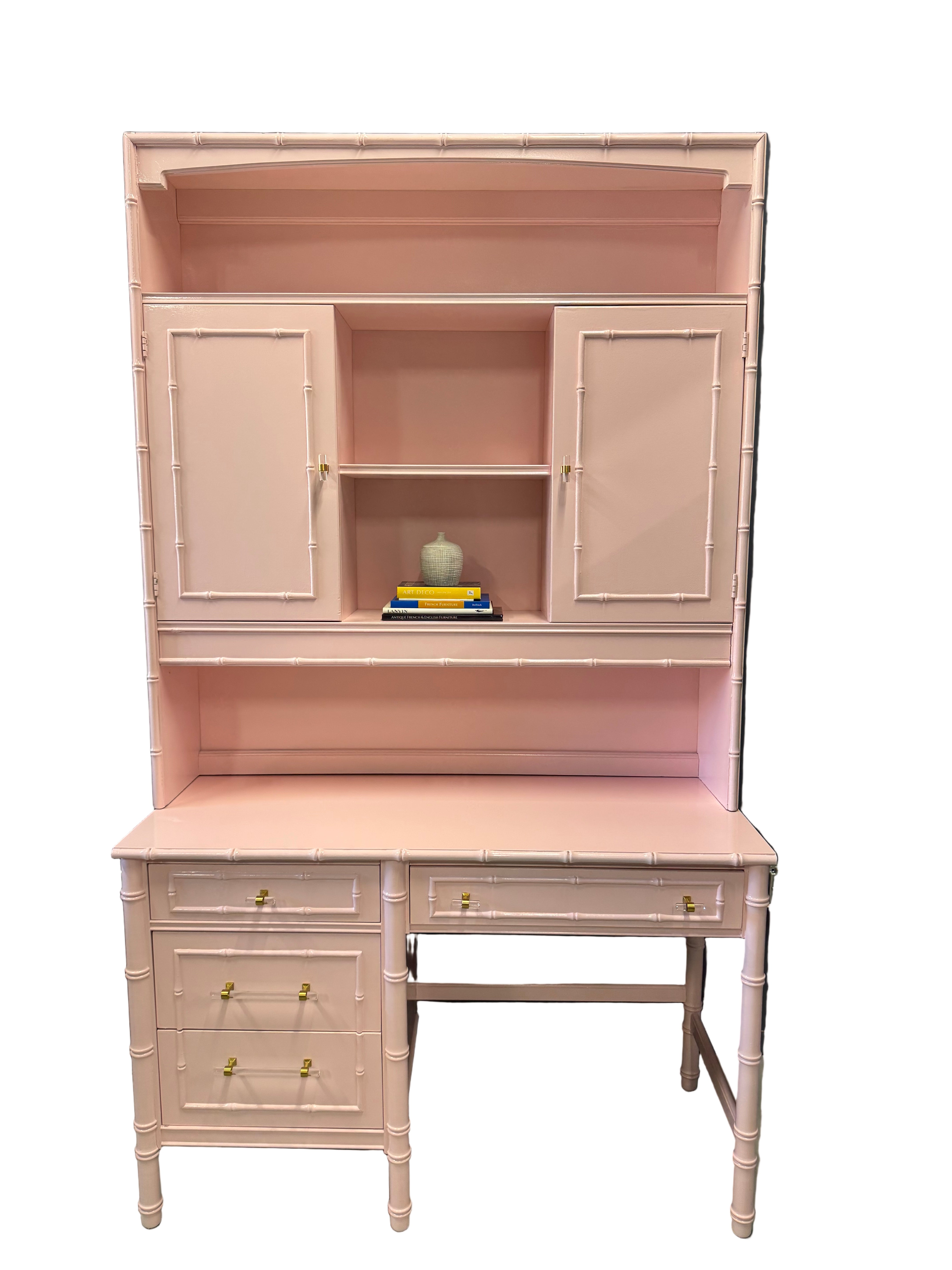 Vintage Thomasville Faux Bamboo Desk and Hutch - Lacquered in Pink