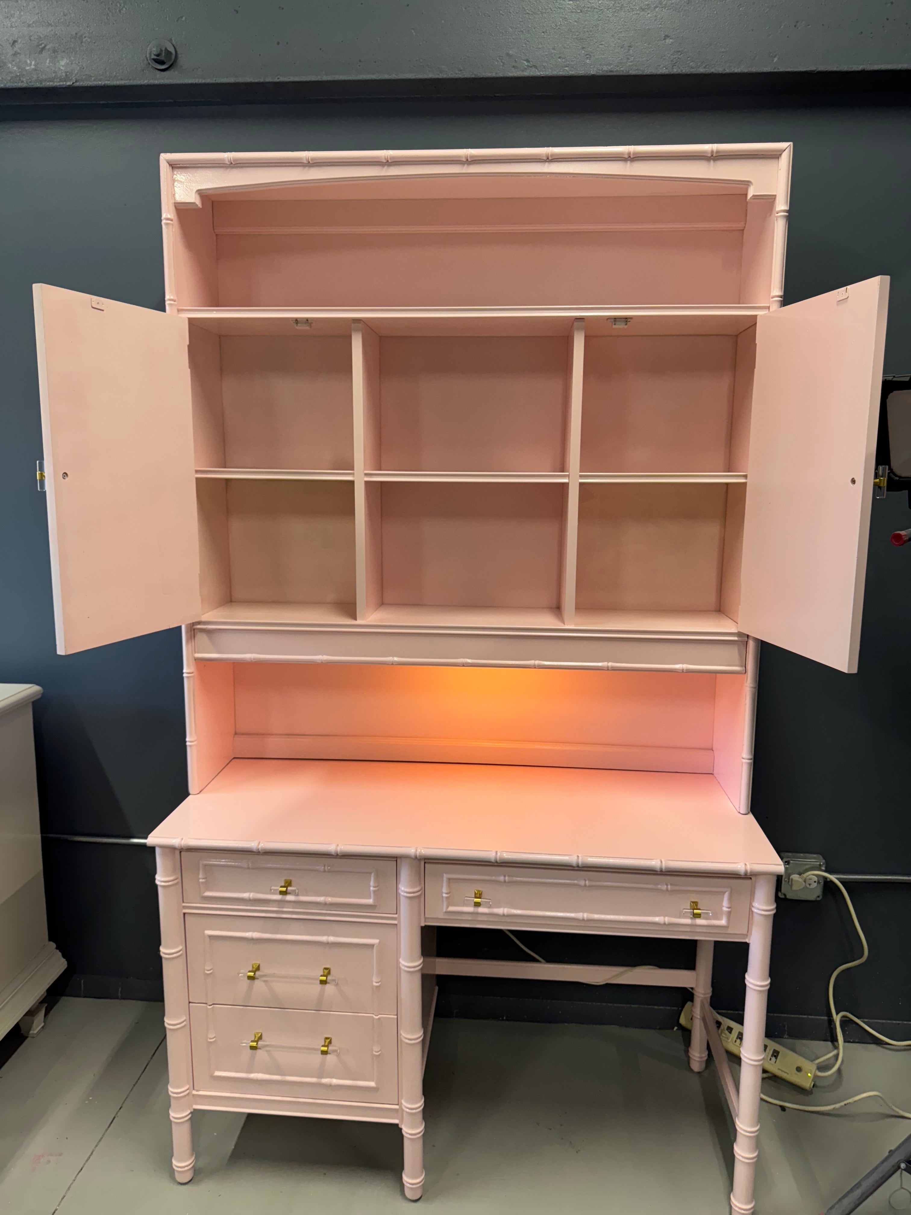 Vintage Thomasville Faux Bamboo Desk and Hutch - Lacquered in Pink