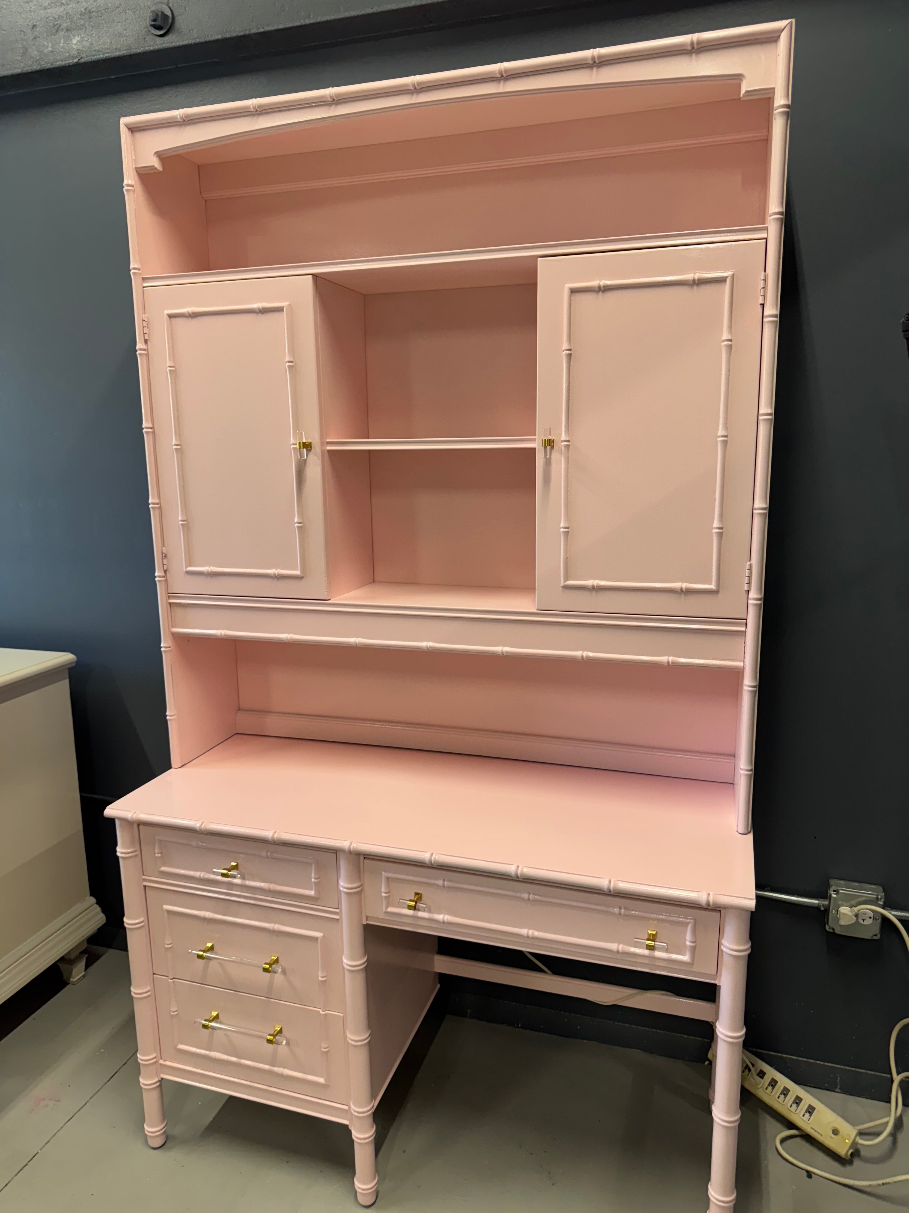 Vintage Thomasville Faux Bamboo Desk and Hutch - Lacquered in Pink