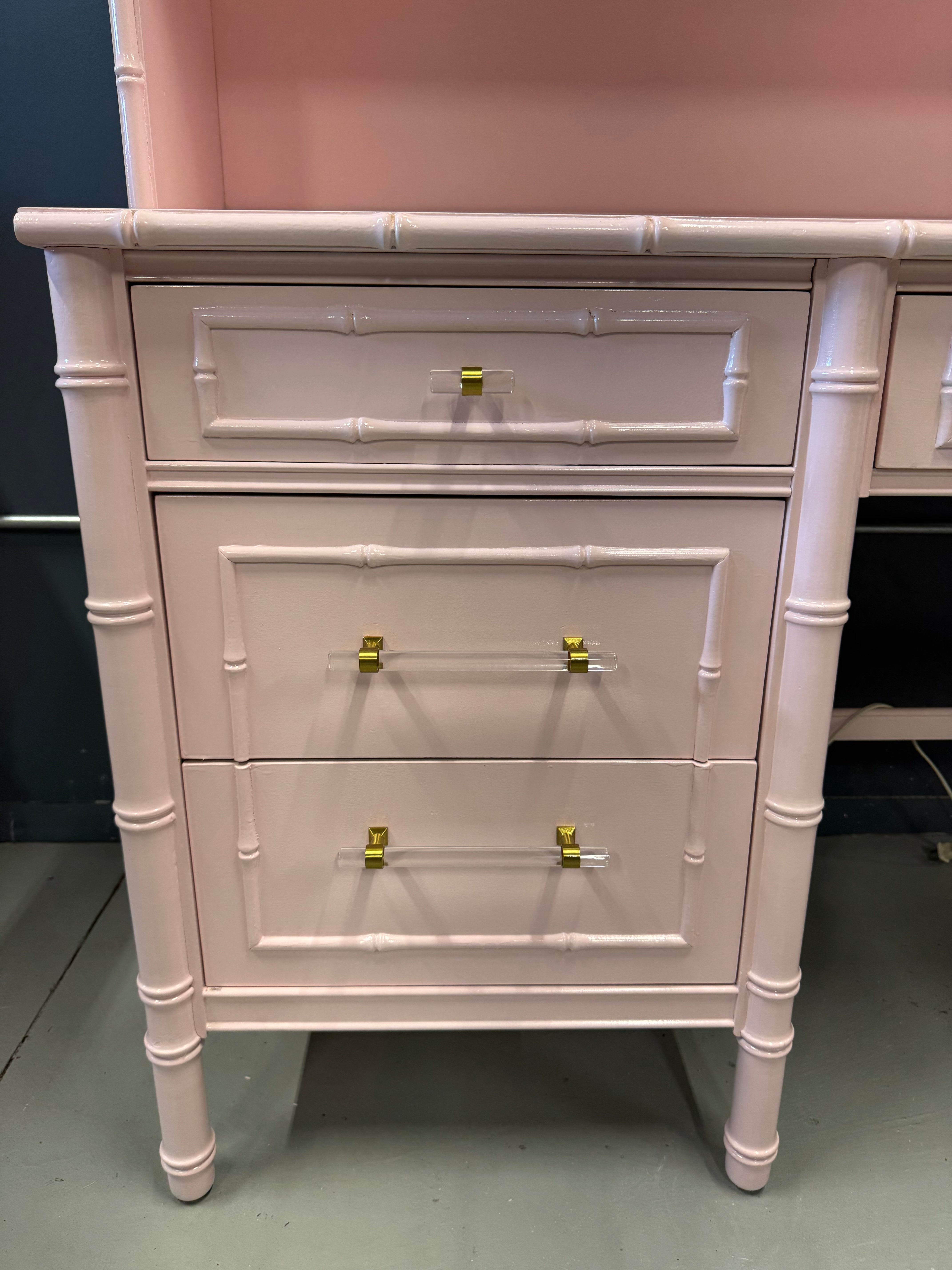 Vintage Thomasville Faux Bamboo Desk and Hutch - Lacquered in Pink