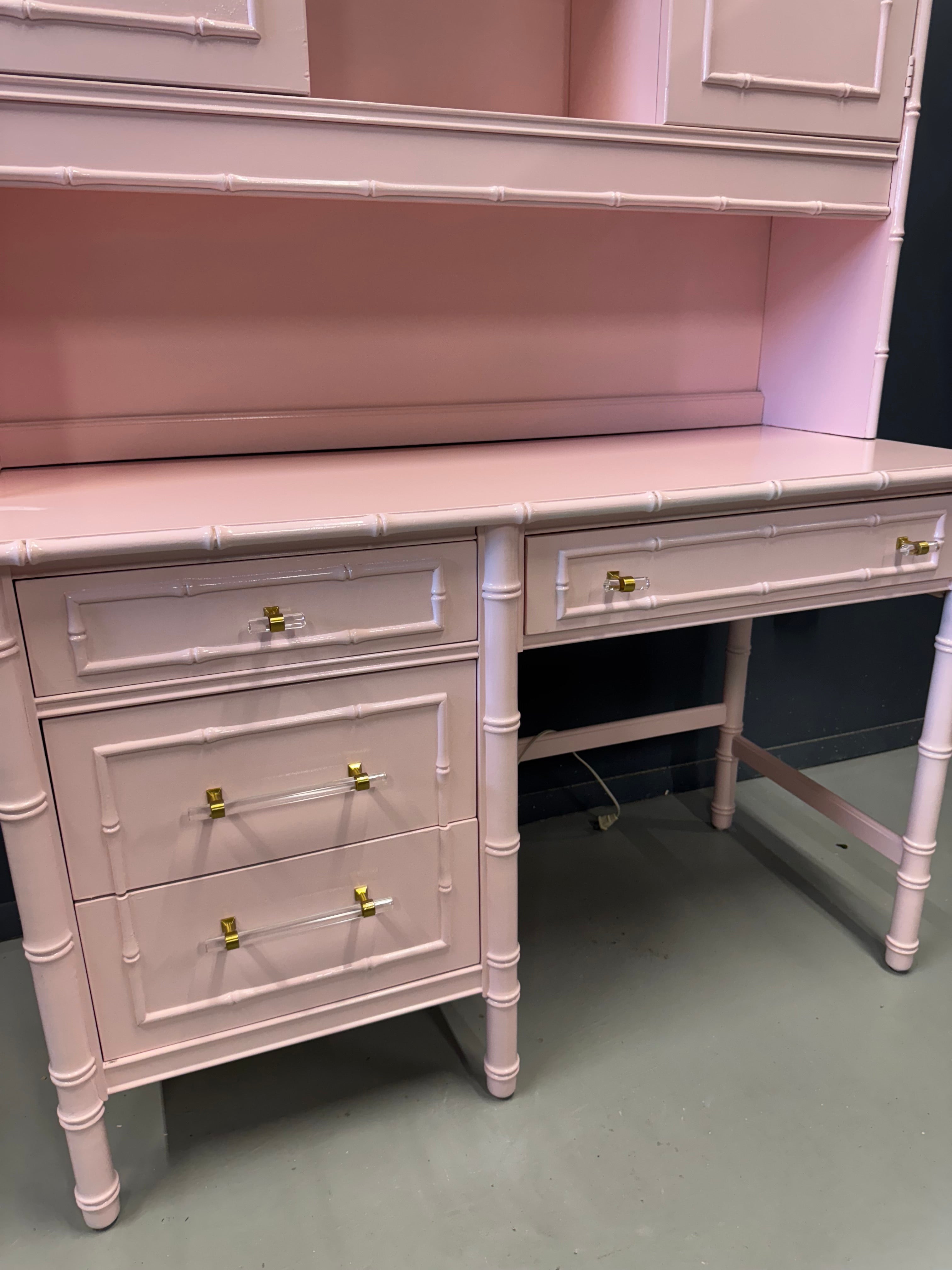 Vintage Thomasville Faux Bamboo Desk and Hutch - Lacquered in Pink